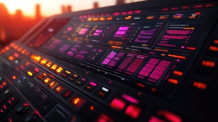 Futuristic control panel interface with glowing buttons and digital displays at sunset.