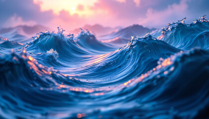 Wall Mural - Waves of the ocean with a vibrant blue color, reflecting hues of pink and purple from the sunset. The water appears dynamic with frothy crests and smooth curves, creating a sense of movement and dept.