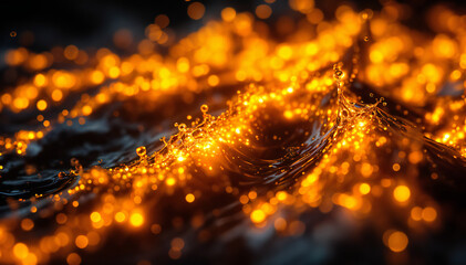 Wall Mural - Water droplets illuminated with a warm orange glow, creating a shimmering effect against a dark background. The scene captures the dynamic movement of water, with sparkling highlights and a sense of f