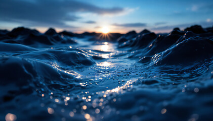 Wall Mural - Waves of water with a reflective surface, illuminated by the warm light of a setting sun in the background, create a shimmering effect. The scene captures the texture of the water and the contours o