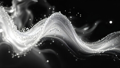 Wall Mural - A flowing wave of translucent white liquid with bubbles, set against a black background, creates a sense of fluidity and serenity.
