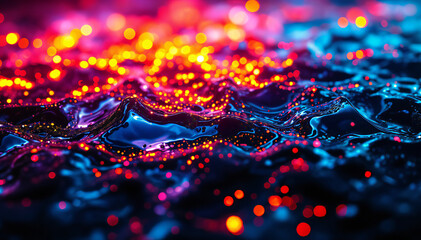 Wall Mural - Colorful abstract representation of water with vibrant orange and yellow glowing particles scattered throughout, creating a dynamic and fluid appearance against a dark background . The surface appears