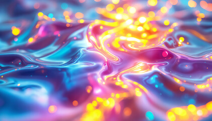 Wall Mural - Colorful abstract fluid surface with swirling patterns in shades of blue, pink, and yellow, featuring glowing bokeh effects and a shiny, reflective texture.
