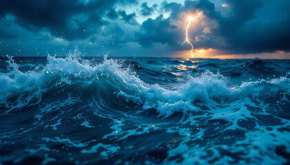 Wall Mural - Ocean waves crashing with white foam, under a dramatic sky filled with dark clouds. A bolt of lightning strikes in the distance, illuminating the scene with a warm glow as the sun rises on the horizon