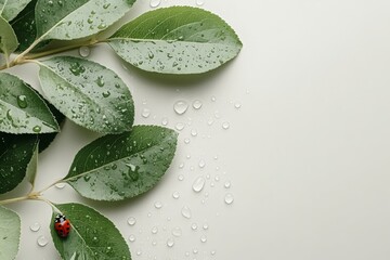 Wall Mural - Fresh green leaves with water droplets and a ladybug on a light background create a serene and natural atmosphere