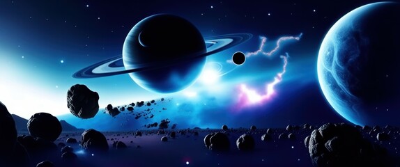 Space scene, cosmic landscape, ringed planet, multiple planets, asteroids, bright star, blue nebula, starry background, celestial bodies, sci-fi, digital art, vibrant colors, high contrast, detailed, 