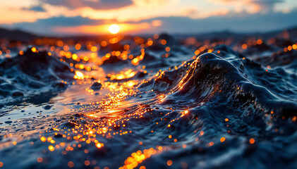 Wall Mural - Close-up view of ocean waves reflecting the warm colors of a sunset, with shimmering highlights on the water's surface and a blurred background of distant hills and clouds.