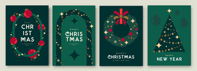 Wall Mural - Set of Merry Christmas and Happy New Year greeting cards, covers or posters with holiday attributes. Christmas background. Flat design. Vector illustration