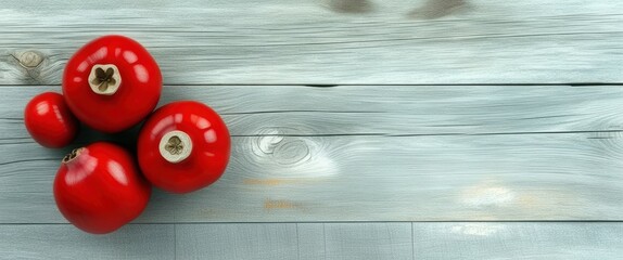 Bright red tomatoes, weathered blue wooden background, rustic kitchen scene, fresh produce, vibrant colors, top-down view, minimalist composition, natural lighting, food photography, crisp details, te