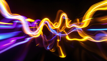 Wall Mural - Colorful abstract light trails, with wavy and swirling patterns of orange, purple, and yellow lights against a dark background.