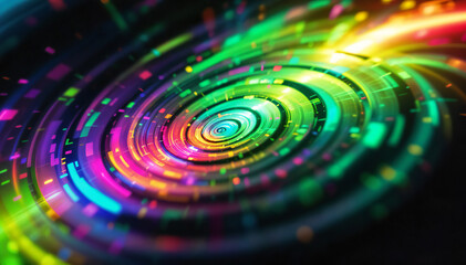 Wall Mural - Colorful abstract spiral pattern with vibrant rainbow colors, dynamic swirling motion, and glowing light effects.