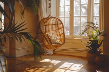 Aufkleber - Cozy indoor space with a hanging chair and plants in soft afternoon light creating a serene atmosphere