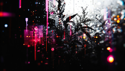 Wall Mural - A dark, moody forest scene with glowing red and pink lights shining through the trees, creating a surreal and atmospheric environment. The branches and foliage are silhouetted against the colorful lig