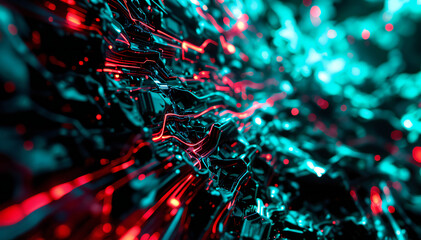 Wall Mural - Glowing red and blue crystalline structures against a dark background, with a sense of depth and abstract, and futuristic aesthetic.