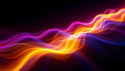 Wall Mural - Colorful abstract waves of light in shades of pink, orange, and blue against a dark background.