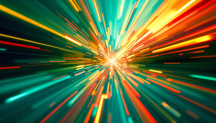 Wall Mural - Colorful abstract explosion with radiant beams of light in shades of green, yellow, and orange.