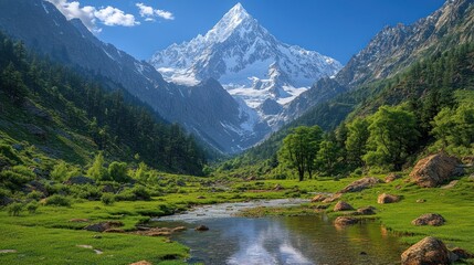 Wall Mural - Majestic mountain peak reflected in a serene valley stream, surrounded by lush greenery and snow-capped peaks.