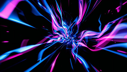 Wall Mural - Colorful abstract explosion with vibrant blue , pink, and purple energy rays or flames against a dark background