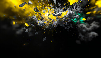 Wall Mural - Shattered glass explosion with yellow and black fragments against a dark background.