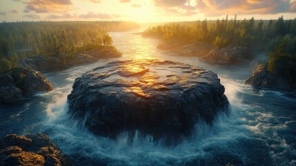 Sticker - Majestic river rapids cascading over a large, circular rock formation at sunrise. Lush forest surrounds the area.