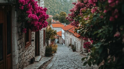  Charming European Village Street with Colorful Flowers