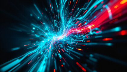 Wall Mural - Colorful abstract explosion with bright blue and red energy beams, sparks, and dynamic motion effects.