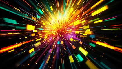 Wall Mural - Colorful abstract explosion with bright rays of light bursting outwards in various directions against a dark background.