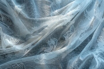 Poster - Flowing fabric drapes elegantly in a bright sky with fluffy clouds, capturing the essence of a sunny day outdoors