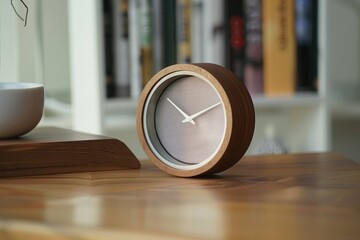 Aufkleber - Stylish wooden table clock showcasing minimalist design and elegant craftsmanship in a bright, modern workspace environment