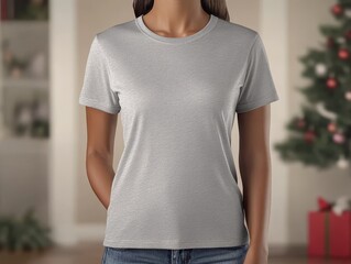 Woman wearing gray t shirt mockup for christmas design in living room