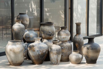 Aufkleber - Collection of handcrafted ceramic vases displayed on a rustic wooden shelf in an artist studio with natural light streaming through the window