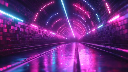 Wall Mural - Neon tunnel with pink and blue lights reflecting on a mirrored floor.