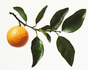 Wall Mural - Vibrant Mandarin Fruit with Lush Green Leaves Set Against a Pure White Background