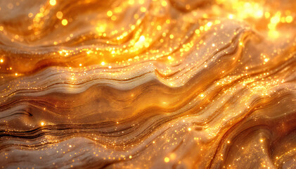 Wall Mural - Closeup of a golden agate stone with intricate patterns and shimmering textures, displaying a vibrant and warm color palette.