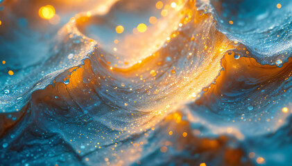 Wall Mural - A close-up of a spider web covered in dew drops, with the sun's rays shining through and creating a warm, golden glow in the background.