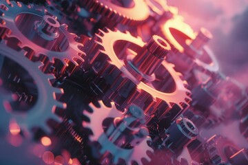 Leinwandbilder - Gears interlocking in a mechanical setup illuminated with vibrant colors, showcasing intricate designs and textures in a dynamic arrangement