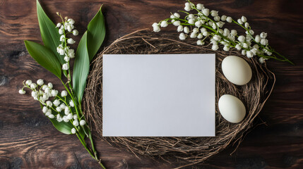Poster - Easter nest with two white eggs, a blank greeting card and lily of the valley flowers on a rustic wooden table