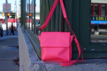 Poster - Vibrant pink transparent bag displayed against a textured brick wall in an urban setting during daylight