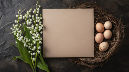 Poster - Spring and easter project: easter eggs, a blank card, and lily of the valley flowers arranged on a dark stone table