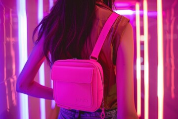 Poster - Vibrant pink transparent bag displayed against a textured brick wall in an urban setting during daylight