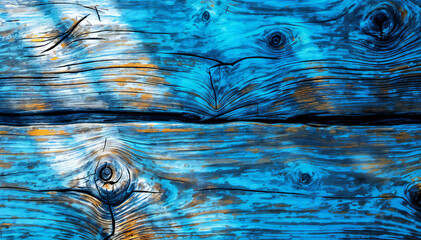 Wall Mural - Weathered blue wooden planks with knots and grains, create an abstract textured background.