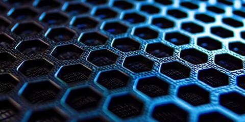 Close up of a black metal mesh with a blue tint