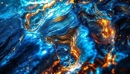 Wall Mural - Swirling blue and orange abstract fluid with glowing highlights, resembling a cosmic or celestial landscape.