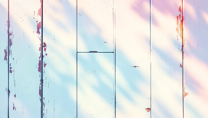 Wall Mural - Wooden planks with light blue-green paint, with shadows from a tree casting patterns across the surface at midday in clear weather.