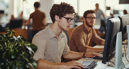 Computer, typing and web development with man programmer in creative workplace for coding or design. Cybersecurity, happy and system infrastructure with employee person in office as website developer
