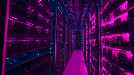 Modern data center room interior design. Vector cartoon illustration of office with server hardware, information security, crypto mining farm, computer hosting equipment. Communication technology