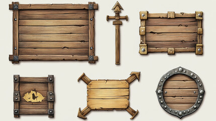 Wood pirate ui game frame and board button vector. Wooden texture menu interface with arrow, panel and signboard 2d shape. Round metal web plank for medieval mobile app. Brown fantasy plate kit