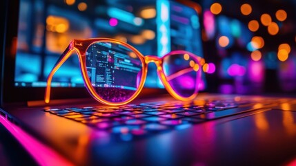 Stylish eyeglasses reflecting vibrant computer screen code on a laptop keyboard in a colorful, illuminated environment.