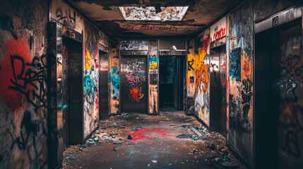 Old dirty hallway with open and closed elevator doors at night. Vector cartoon illustration of empty dark lobby with broken lifts and graffiti on wall. Messy hall interior in house in ghetto area