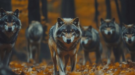 Poster - Wolfpack walking in forest on autumn day